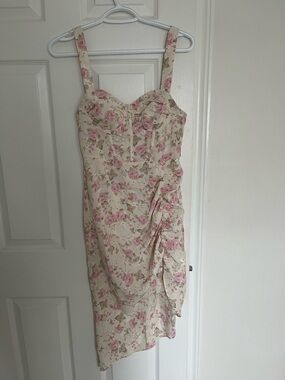 SHEIN Cream Floral Asymmetrical Midi Dress with Pink Roses